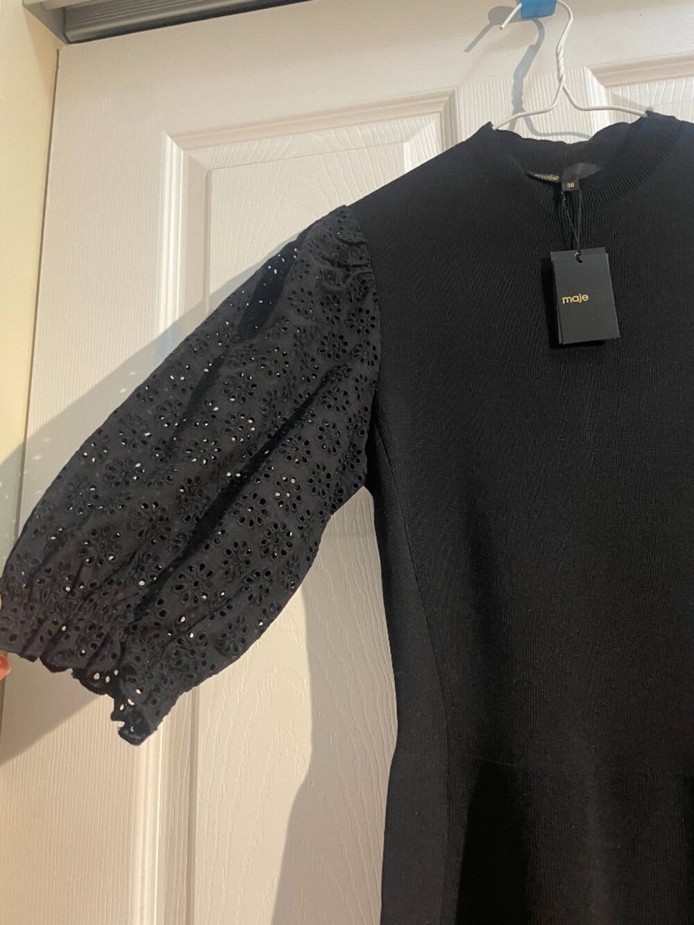 Maje, NEW, Black Knit Dress – Eyelet Puff Sleeve, Parisian Chic, Size 36 (S) - Picture 2 of 8